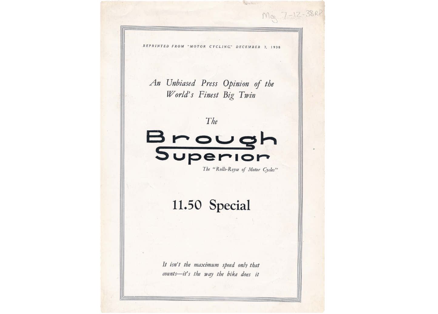 Brough Superior Brochure 11.50 Special Twin Cylinder 1938 original